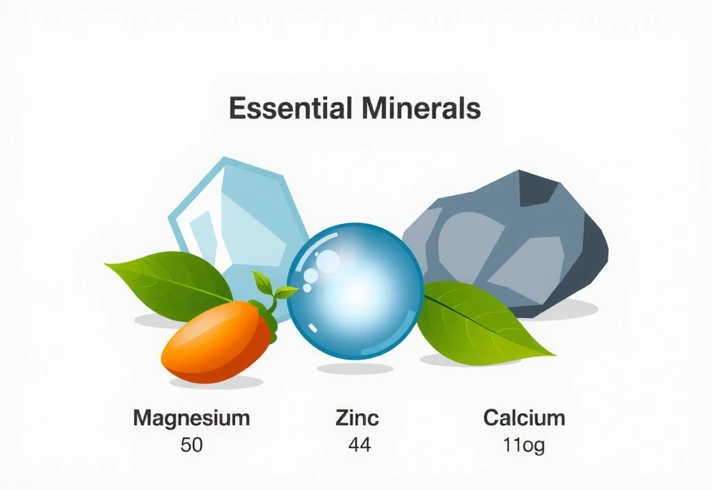 Ilustración de varios minerales esenciales como el magnesio, zinc y calcio, representados por sus símbolos químicos y elementos naturales.