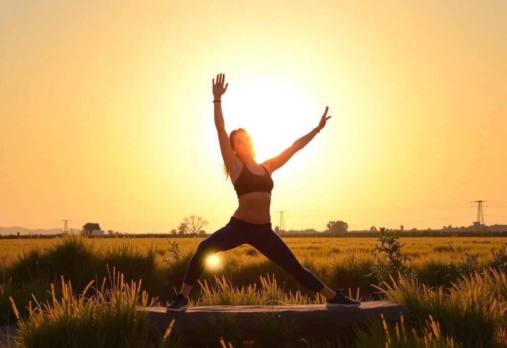 Mujer joven y enérgica realizando yoga al amanecer, simbolizando vitalidad y salud gracias a los suplementos minerales.