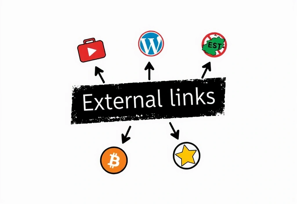 Ilustración de enlaces externos con flechas apuntando a diferentes sitios web