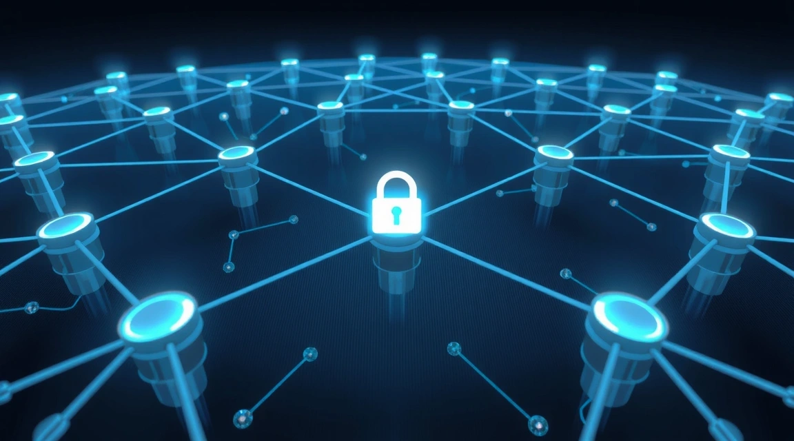 Ilustración de una red de datos con nodos conectados, representando el intercambio seguro de información