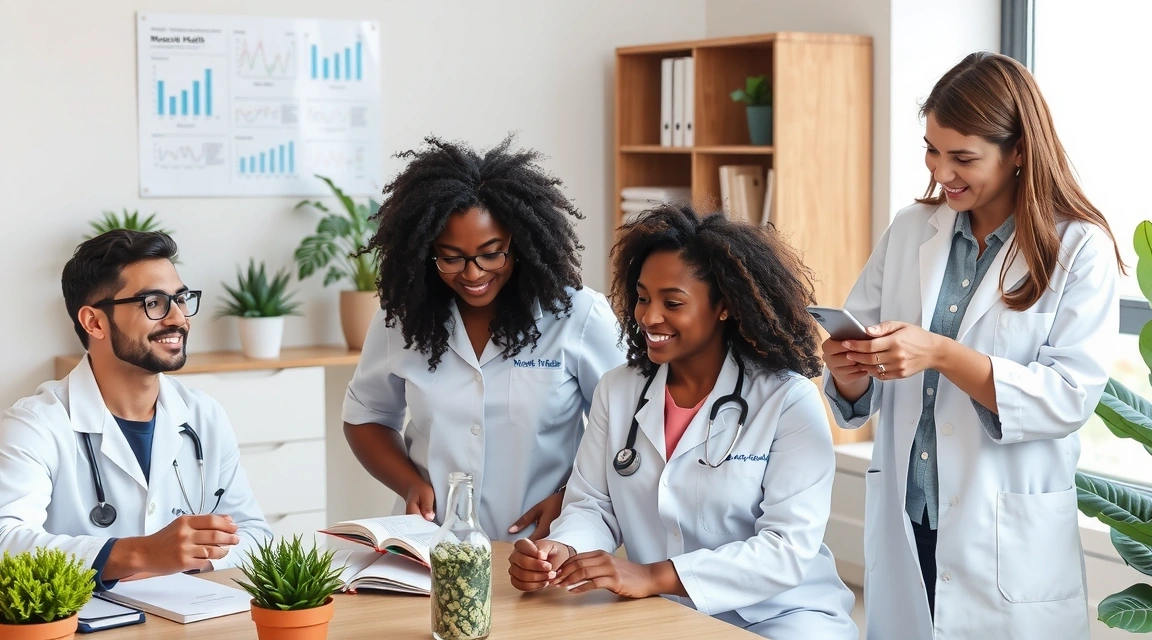 Un grupo diverso de profesionales de la salud sonriendo y colaborando en una oficina luminosa, con libros y plantas, simbolizando trabajo en equipo y crecimiento.