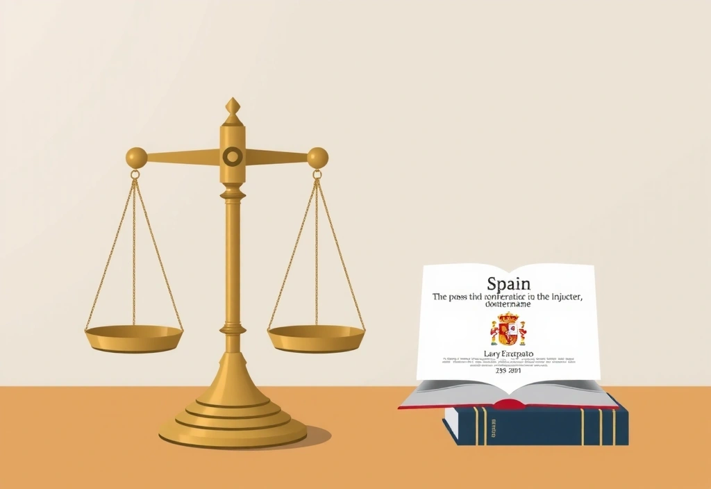 Ilustración de una balanza de la justicia con libros de leyes y un mapa de España de fondo