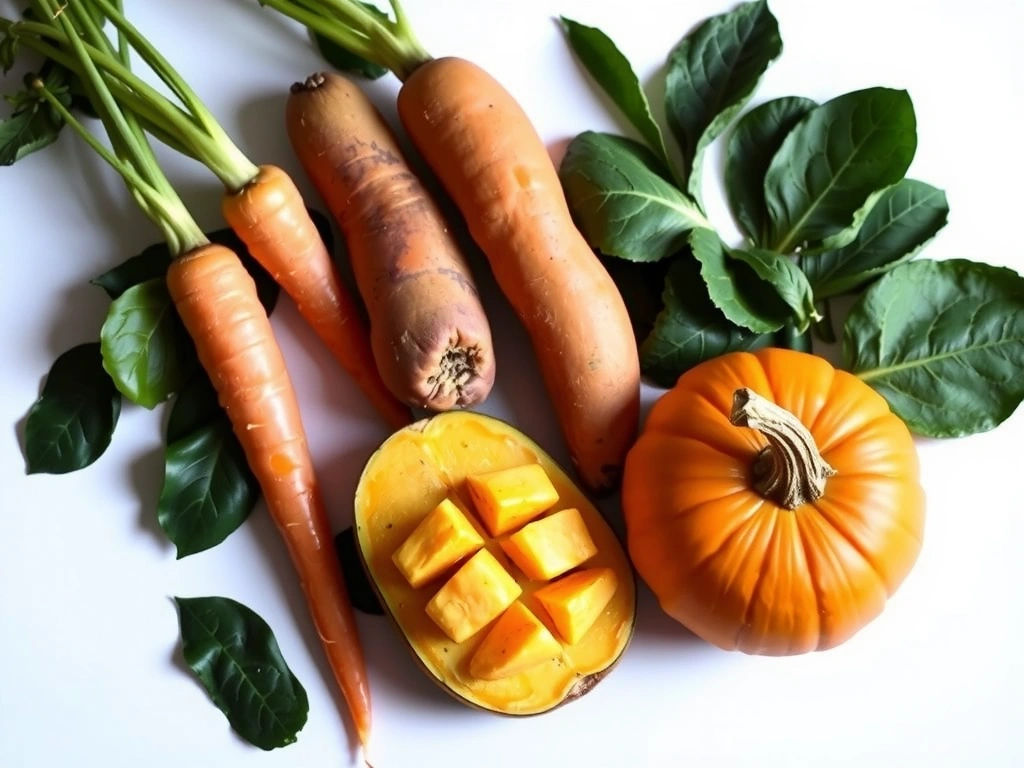 Variedad de frutas y verduras coloridas como zanahorias, batatas, espinacas y mangos, representando fuentes vegetales de Vitamina A.