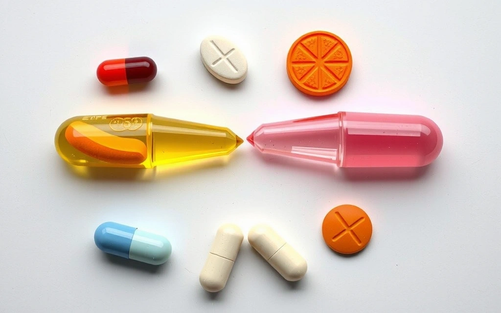 Ilustración de varios tipos de vitaminas en cápsulas de colores