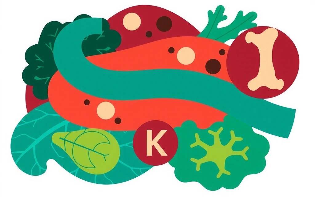 Ilustración de alimentos ricos en Vitamina K, como brócoli y espinacas, con una representación abstracta de la coagulación sanguínea y huesos fuertes.